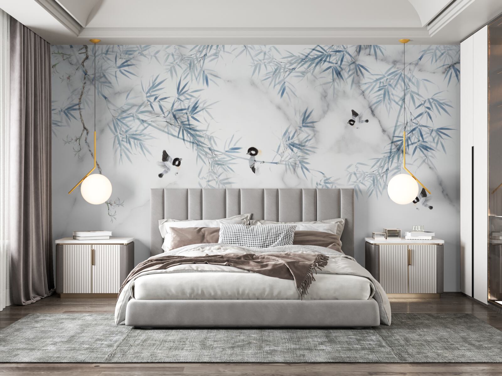 Papier peint le marbre est blanc comme neige, les oiseaux s'écrasent sur les branches