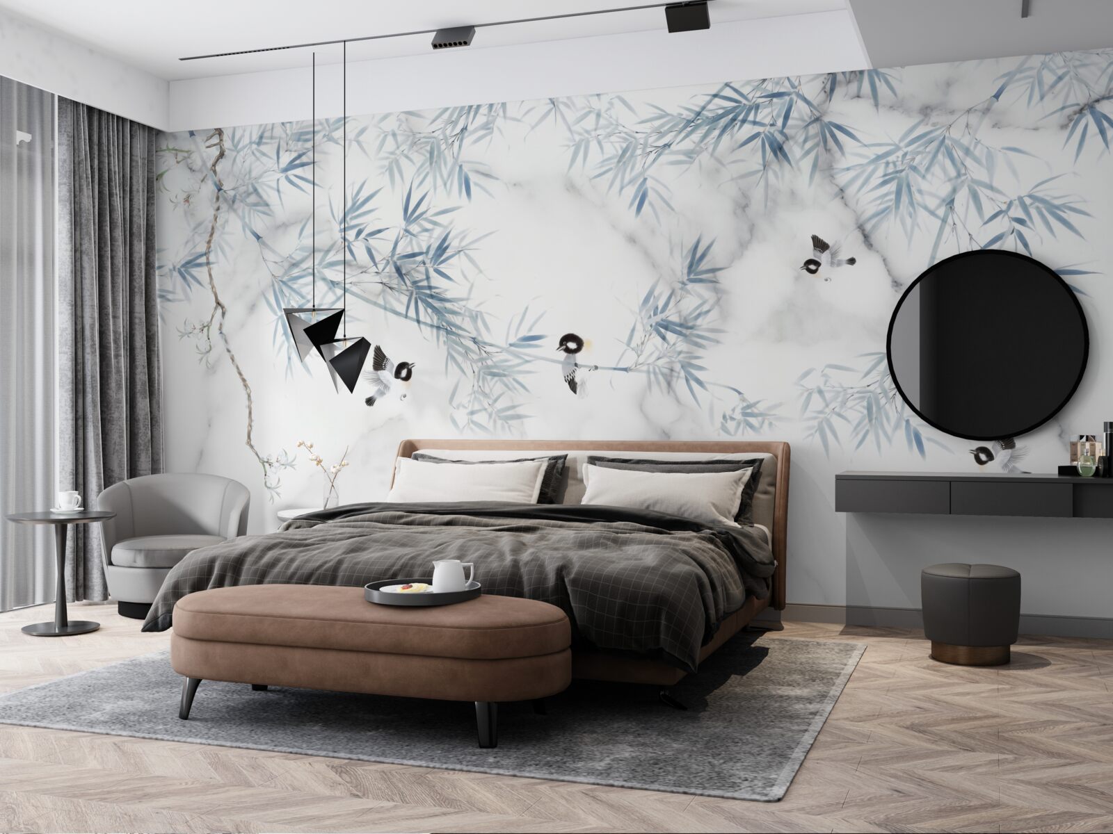 Papier peint le marbre est blanc comme neige, les oiseaux s'écrasent sur les branches