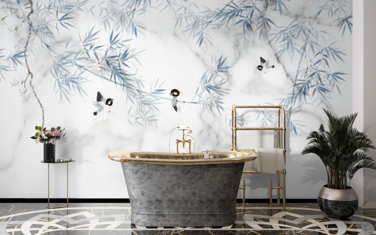 Papier peint le marbre est blanc comme neige, les oiseaux s'écrasent sur les branches