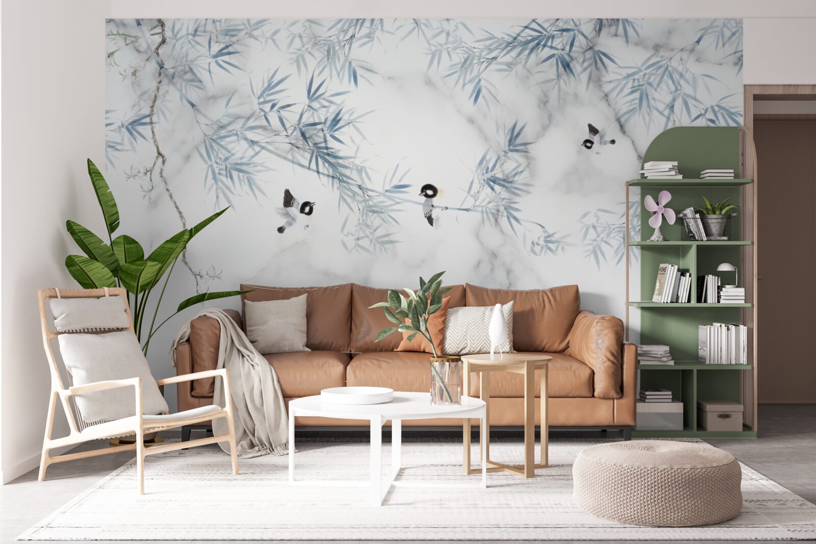 Papier peint le marbre est blanc comme neige, les oiseaux s'écrasent sur les branches