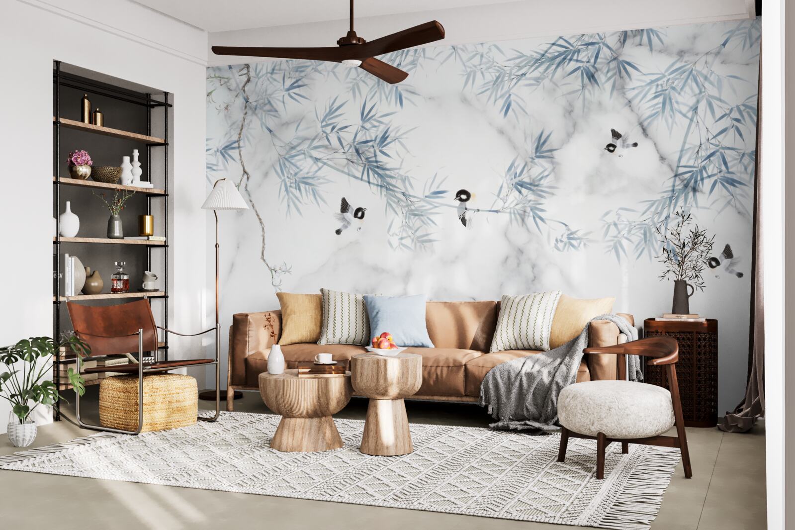 Papier peint le marbre est blanc comme neige, les oiseaux s'écrasent sur les branches