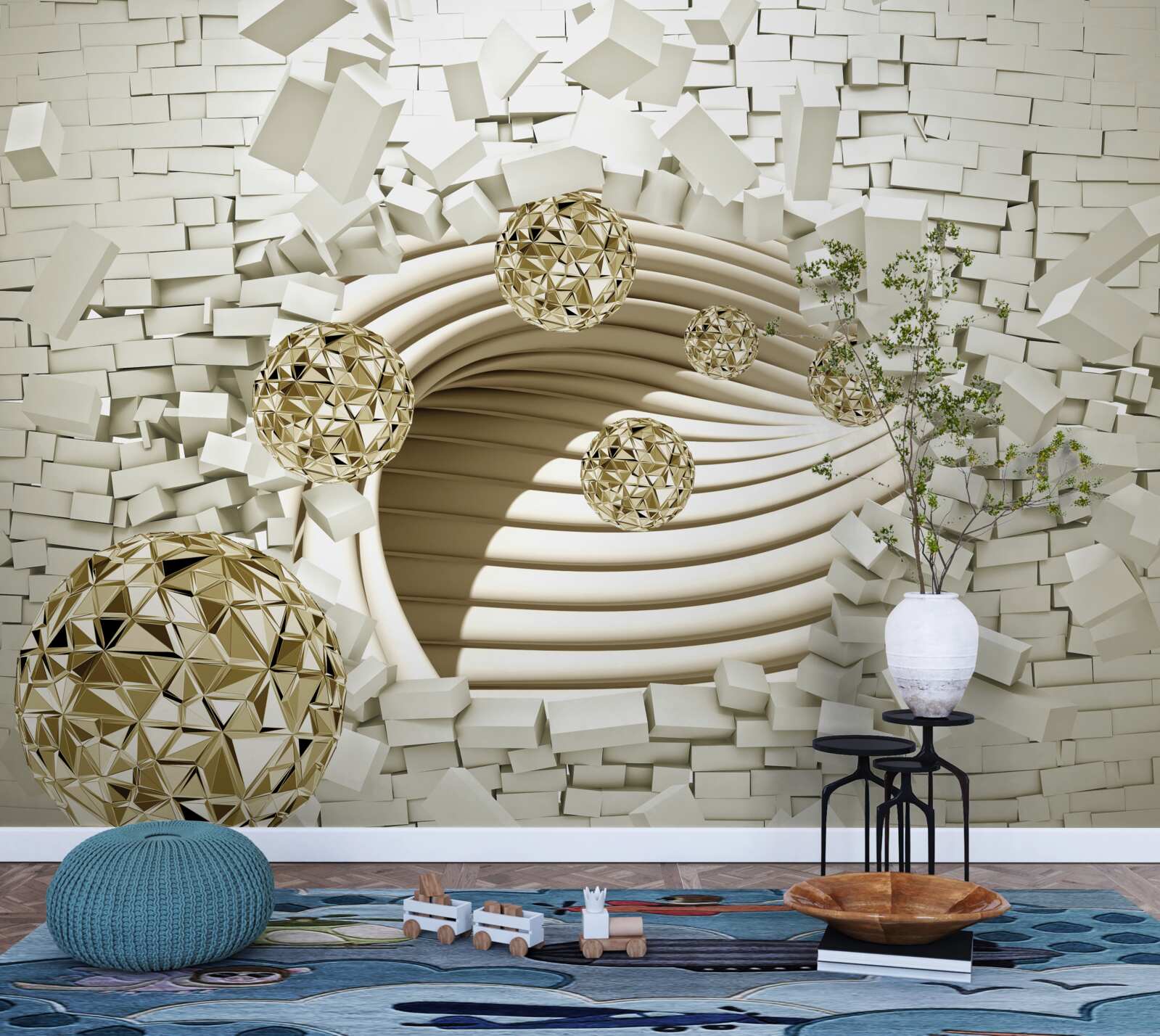 Papier peint les boules conceptuelles se fracassent sur un mur de briques