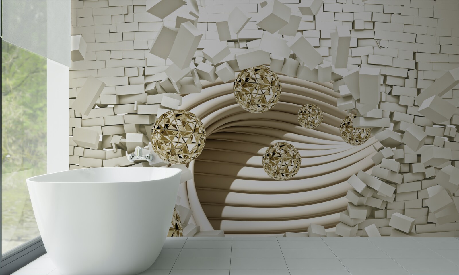 Papier peint les boules conceptuelles se fracassent sur un mur de briques