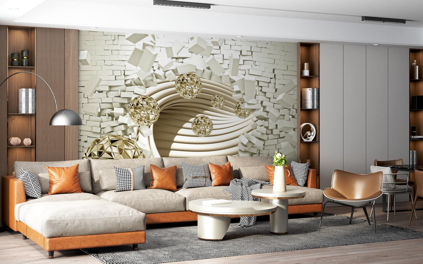 Papier peint les boules conceptuelles se fracassent sur un mur de briques