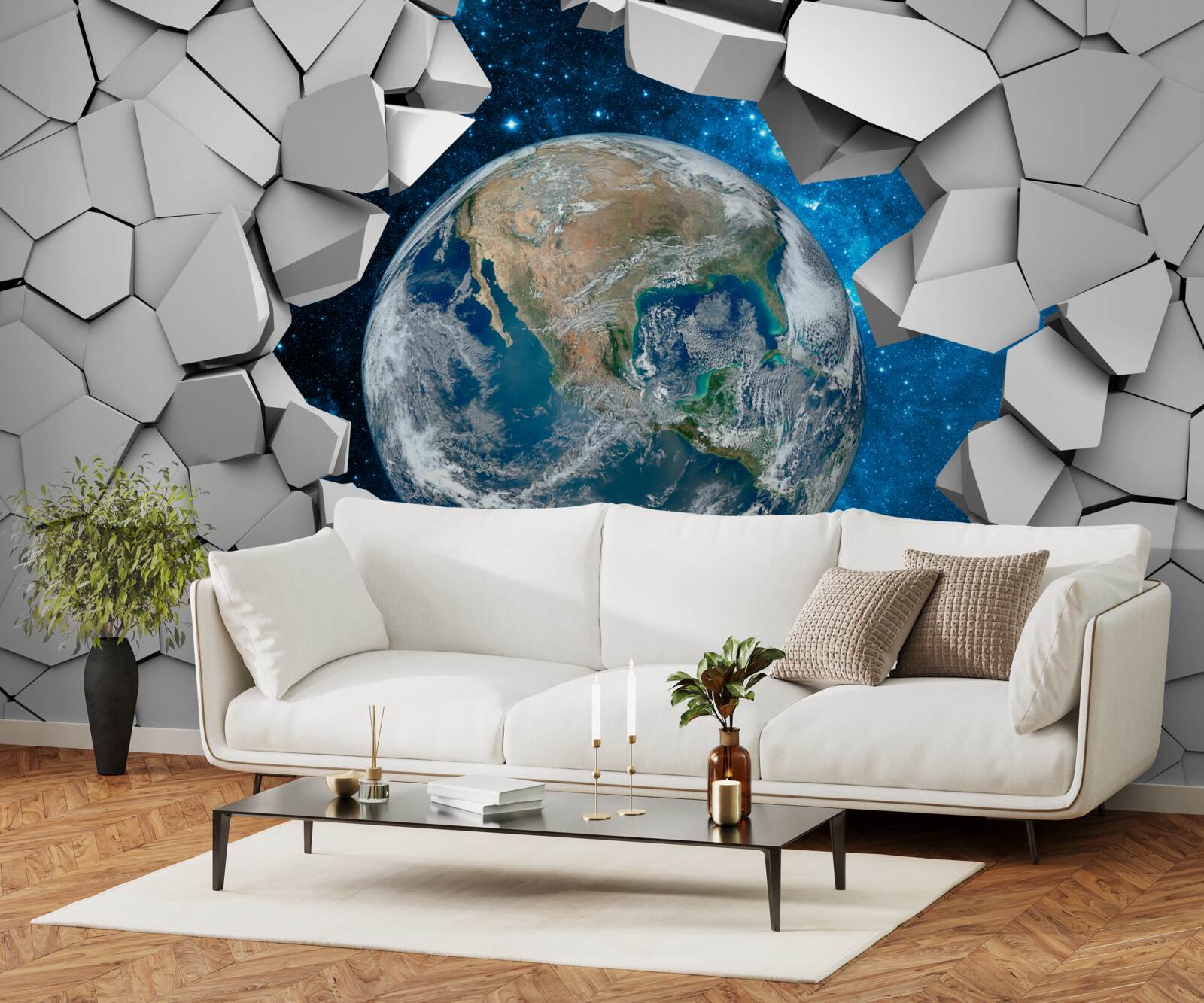 Papier peint vue du site à travers un mur brisé