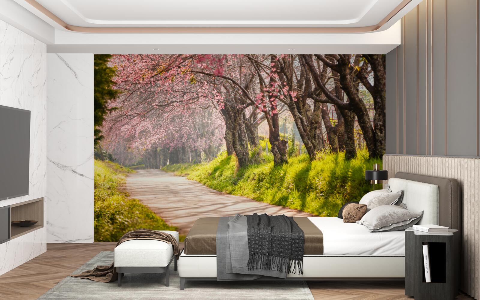 Papier peint arbres en fleurs le long d'une route tranquille