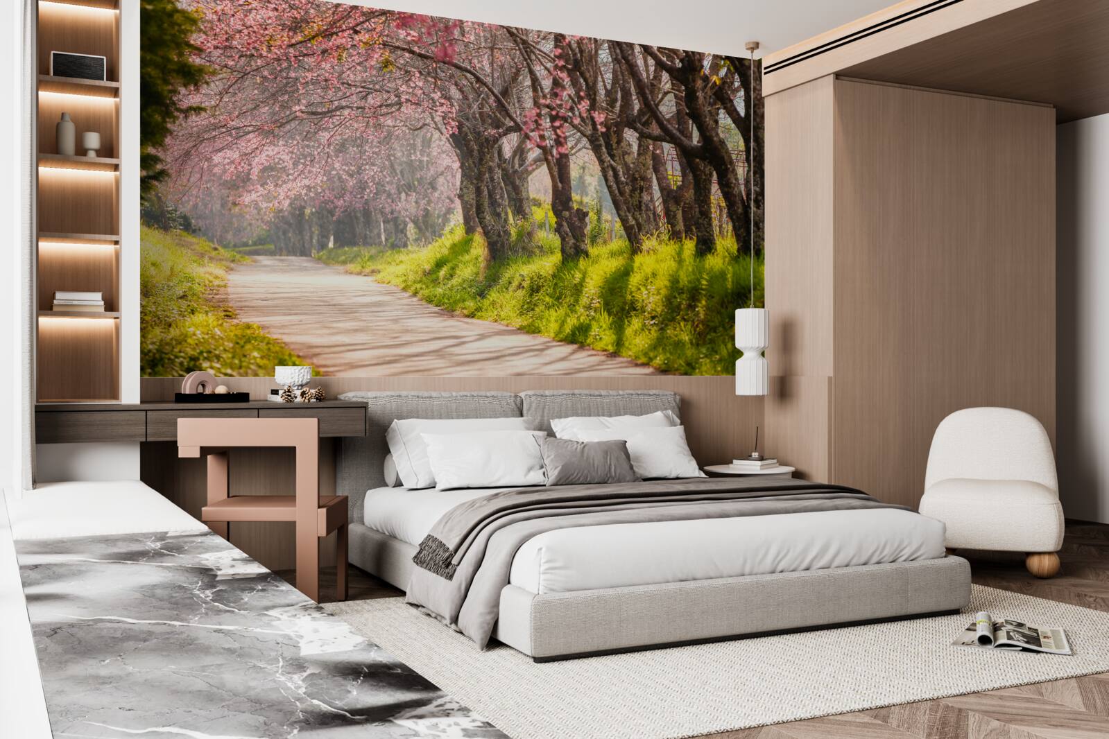 Papier peint arbres en fleurs le long d'une route tranquille