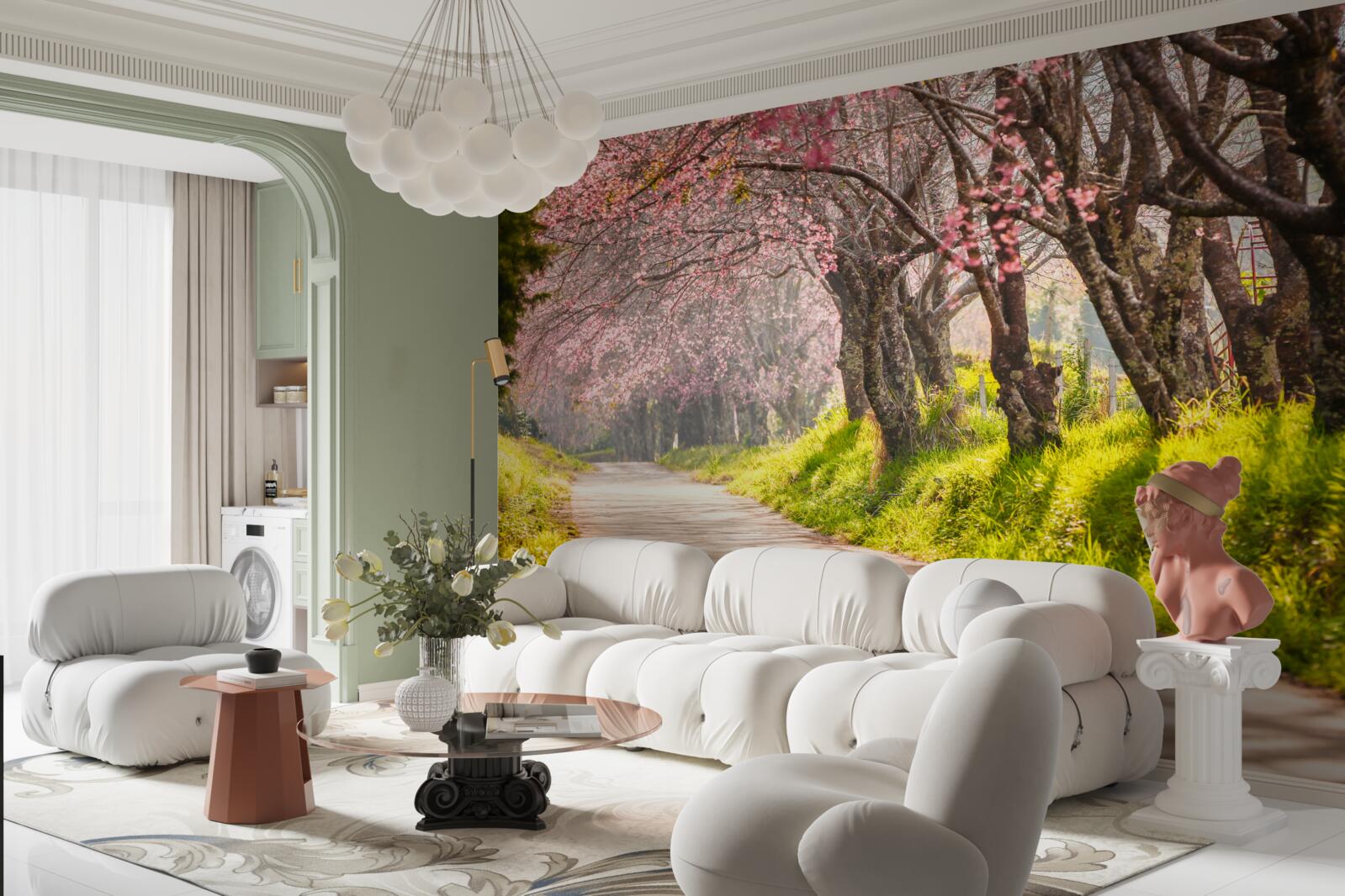 Papier peint arbres en fleurs le long d'une route tranquille