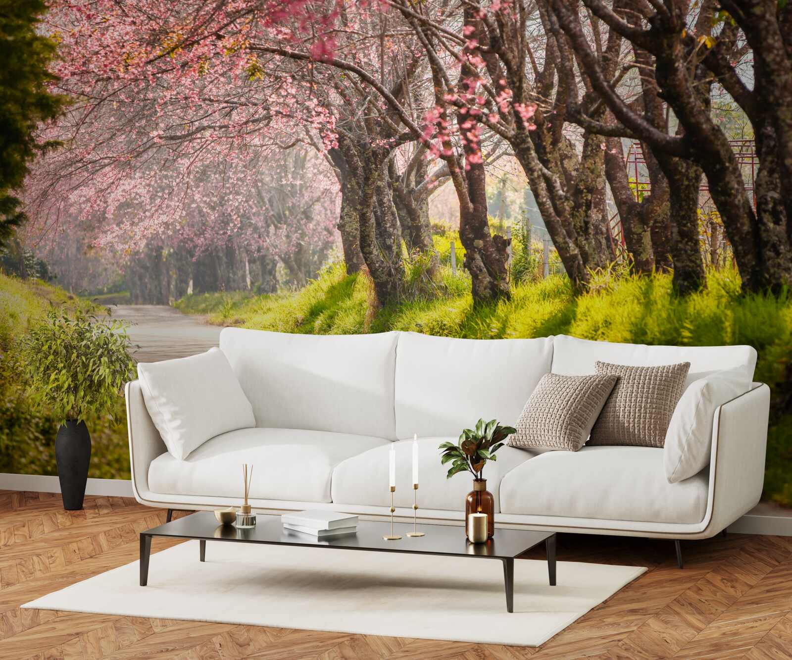 Papier peint arbres en fleurs le long d'une route tranquille