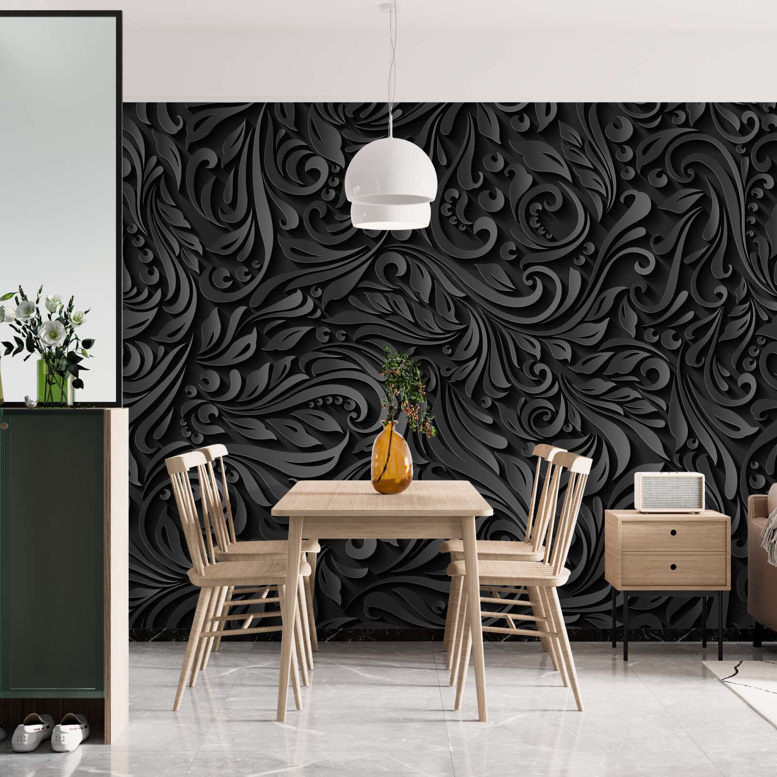 Papier peint feuilles avec motifs noirs