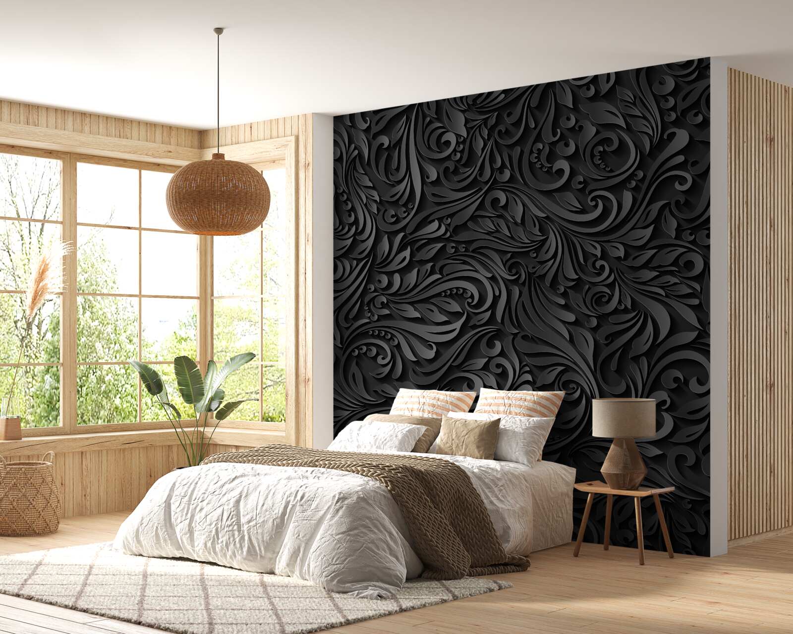 Papier peint feuilles avec motifs noirs