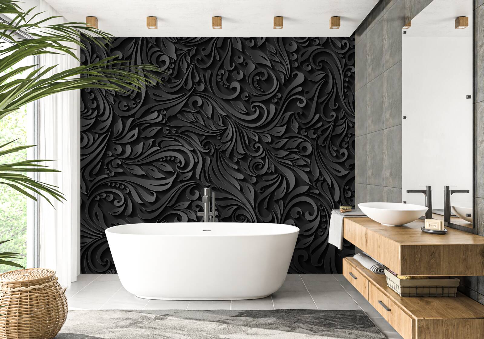 Papier peint feuilles avec motifs noirs