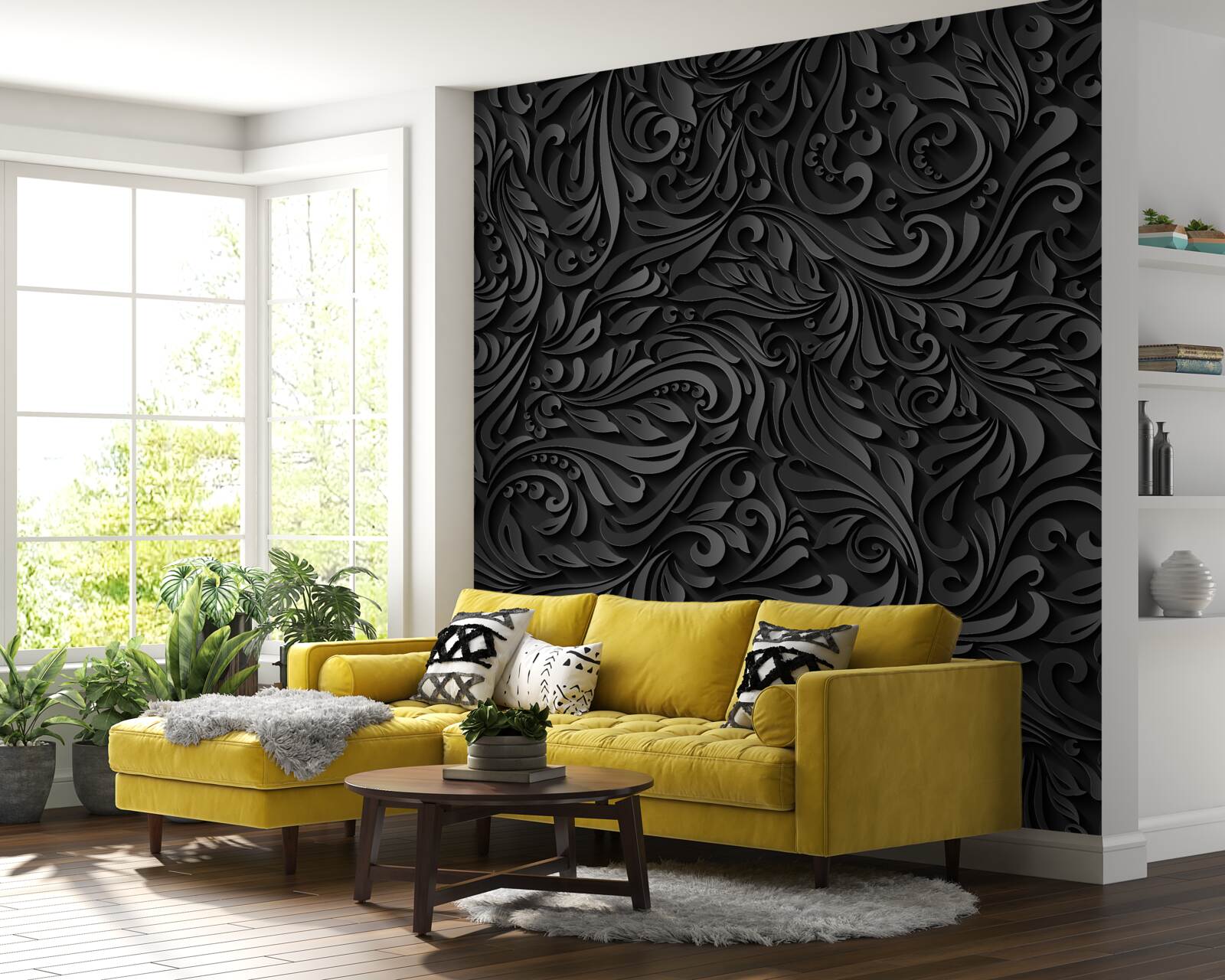 Papier peint feuilles avec motifs noirs