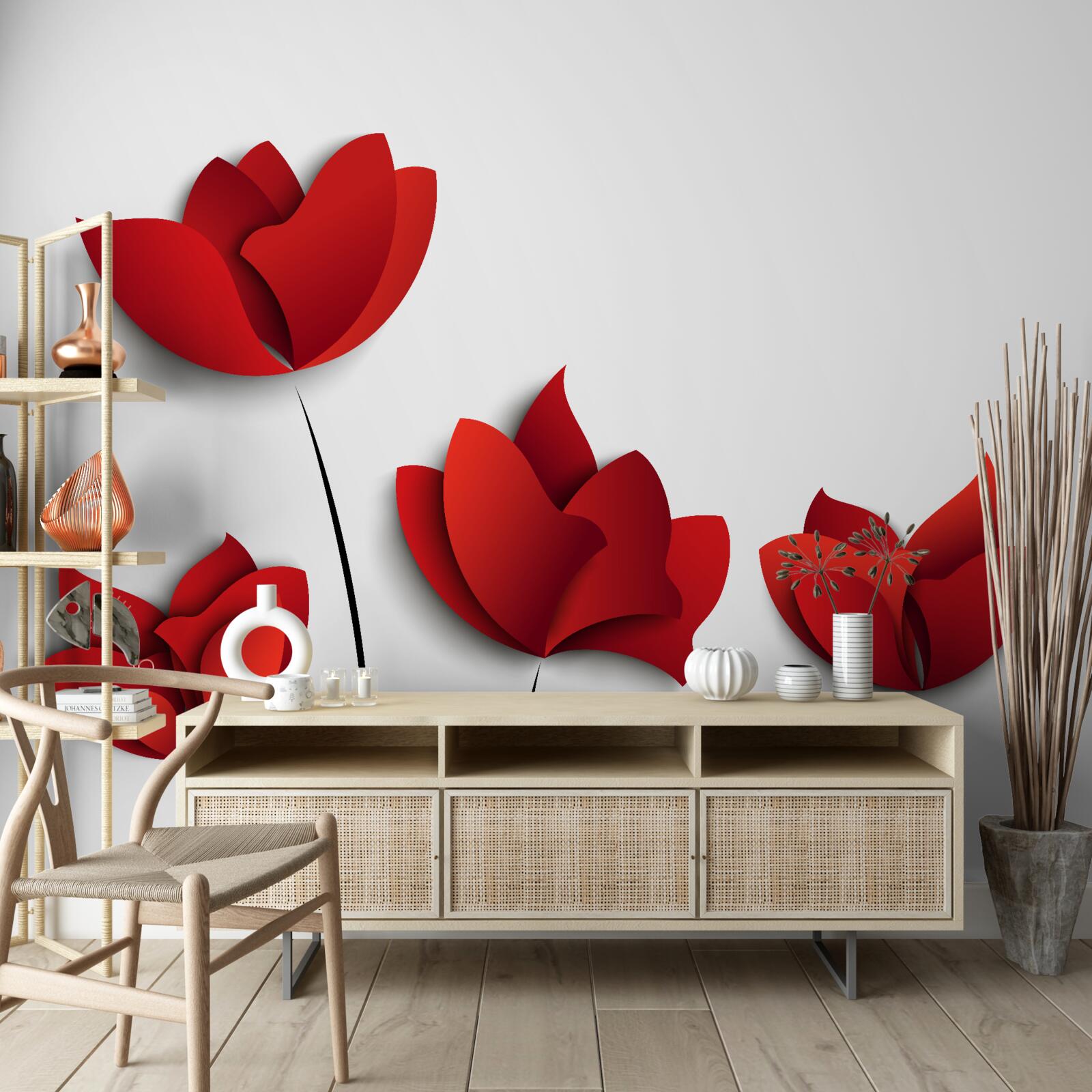 Papier peint fleurs de couleur rouge sur fond de pureté blanche