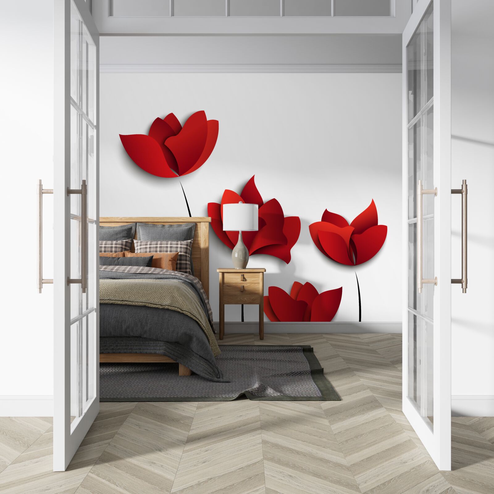 Papier peint fleurs de couleur rouge sur fond de pureté blanche