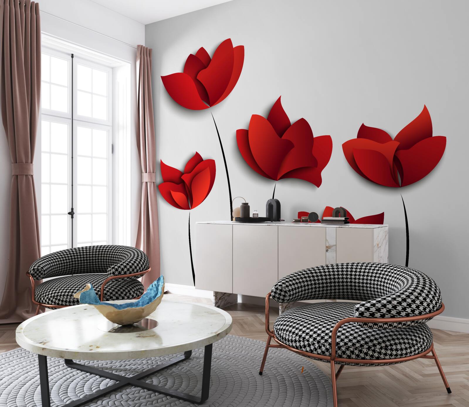 Papier peint fleurs de couleur rouge sur fond de pureté blanche