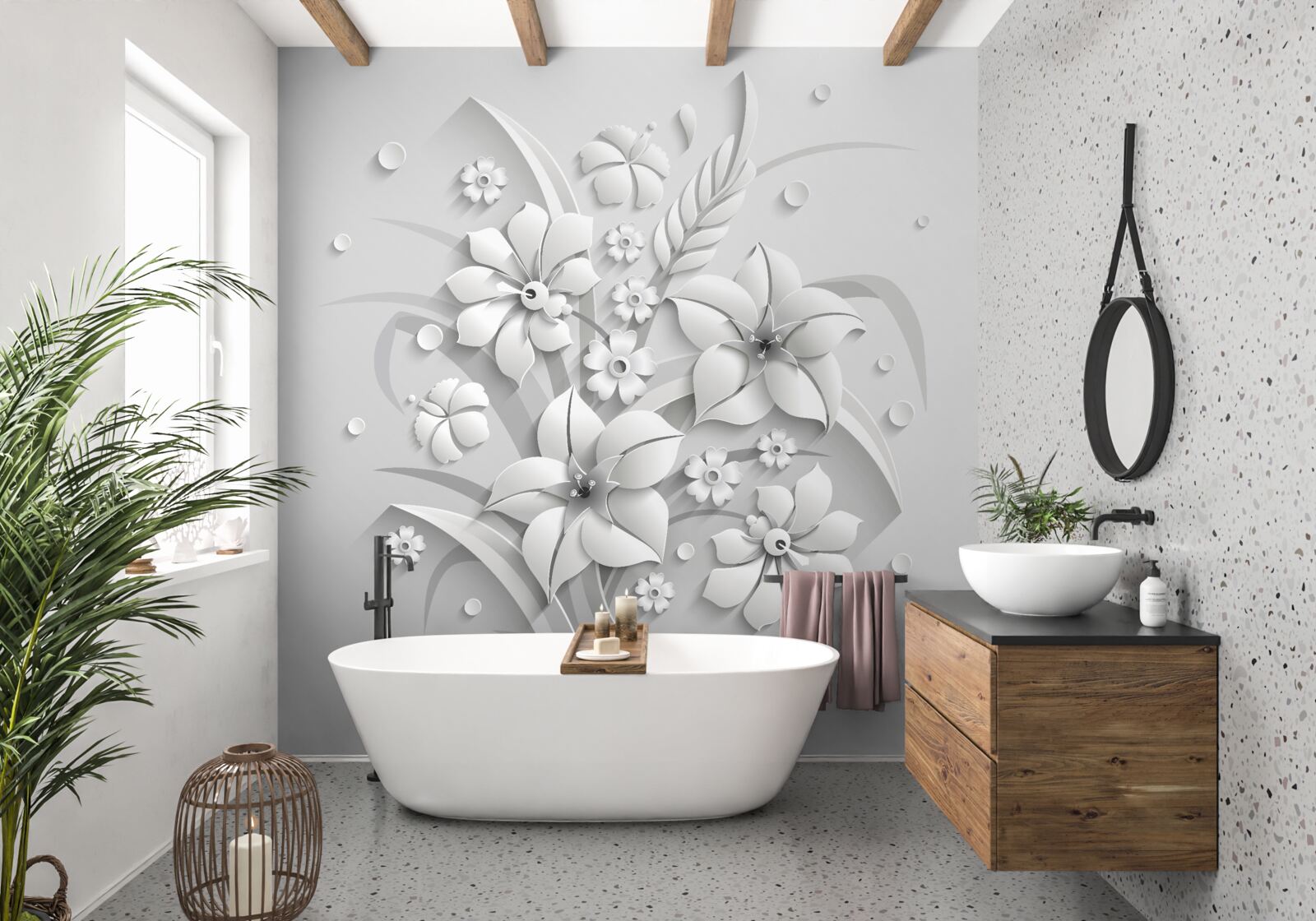 Papier peint fleurs blanches comme du lait, sur fond blanc