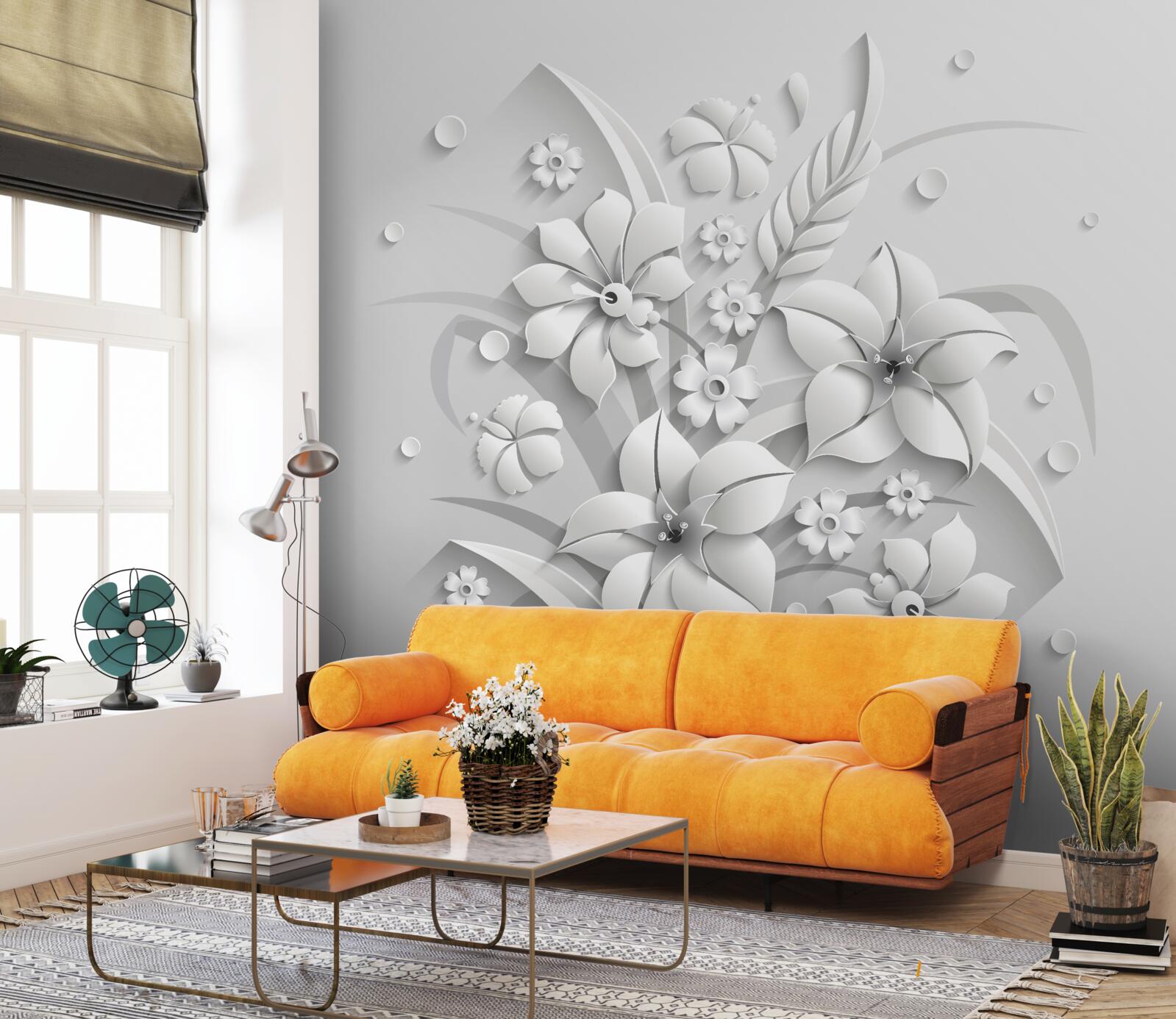 Papier peint fleurs blanches comme du lait, sur fond blanc