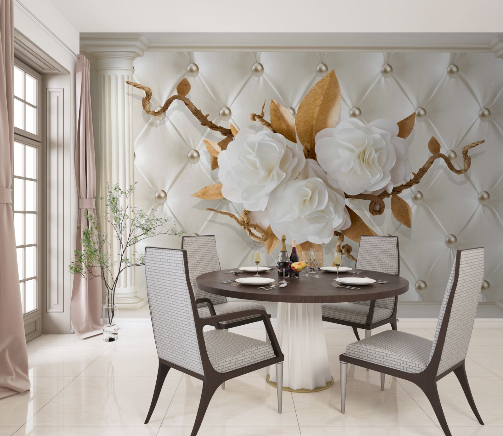 Papier peint des branches dorées et des fleurs blanches