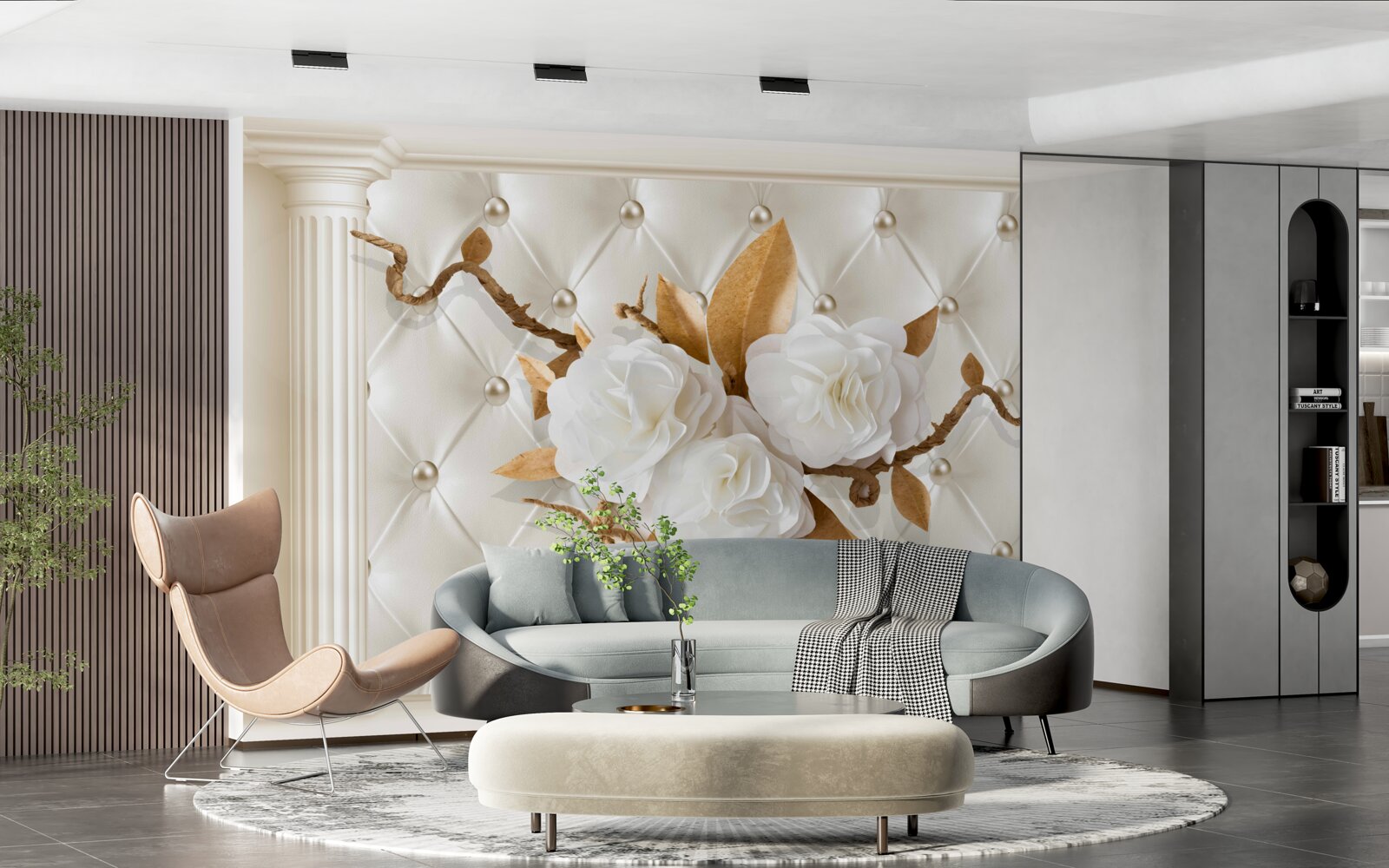 Papier peint des branches dorées et des fleurs blanches