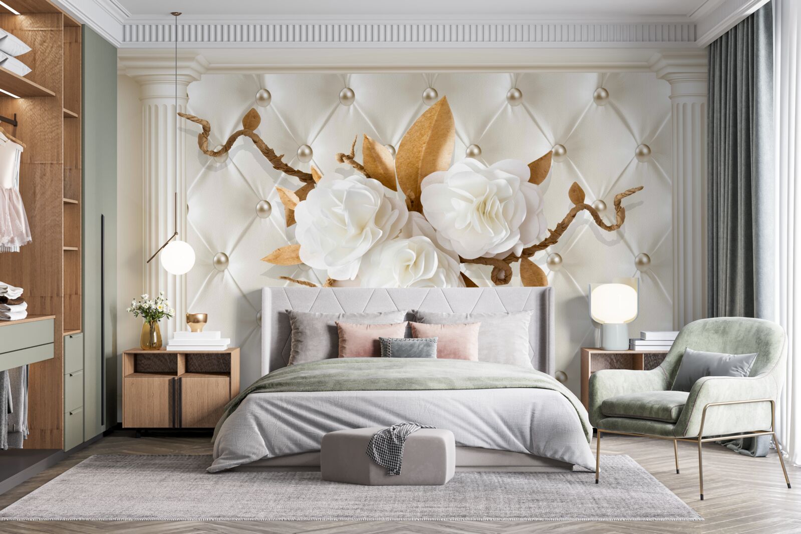 Papier peint des branches dorées et des fleurs blanches