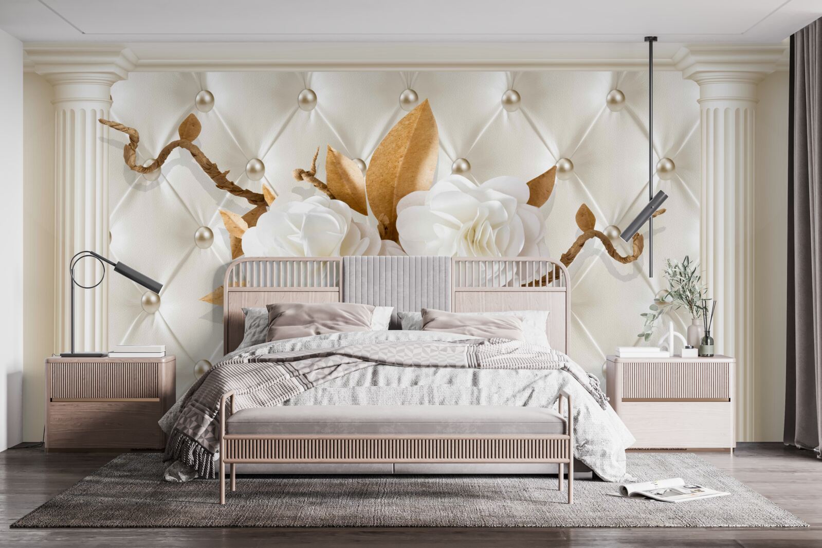 Papier peint des branches dorées et des fleurs blanches