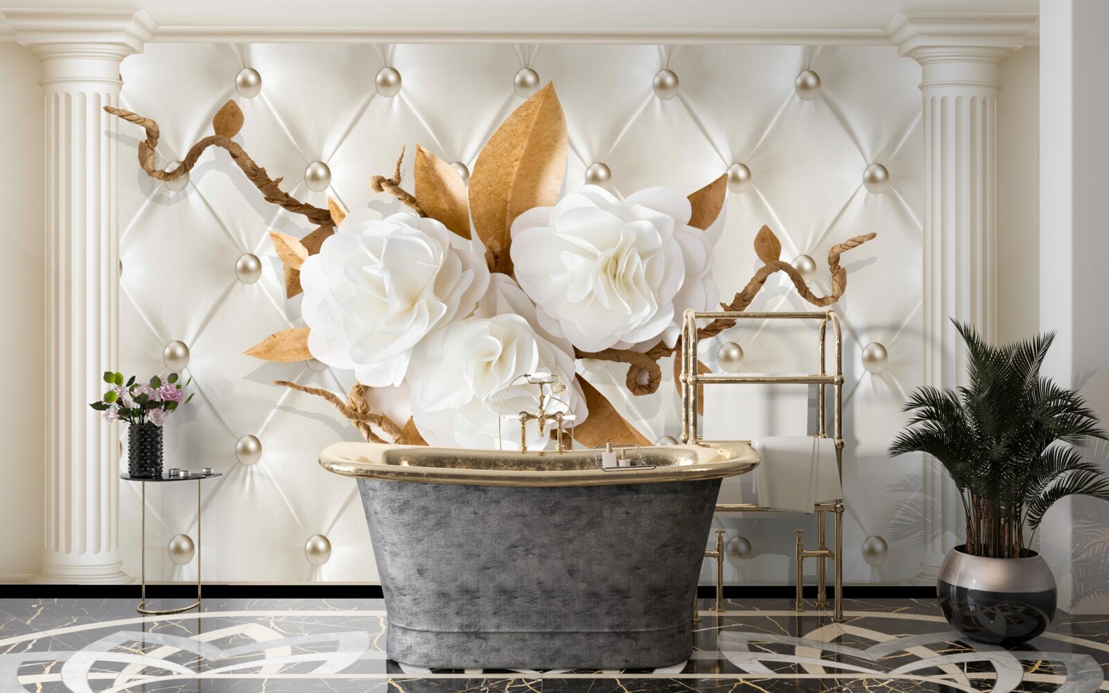 Papier peint des branches dorées et des fleurs blanches