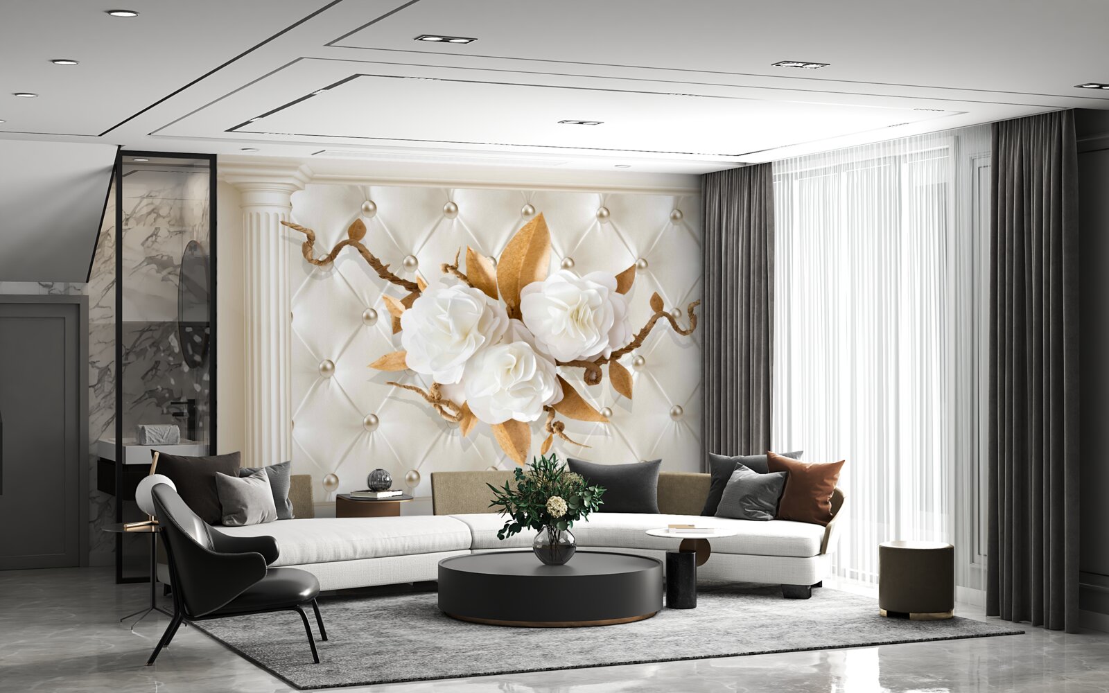 Papier peint des branches dorées et des fleurs blanches