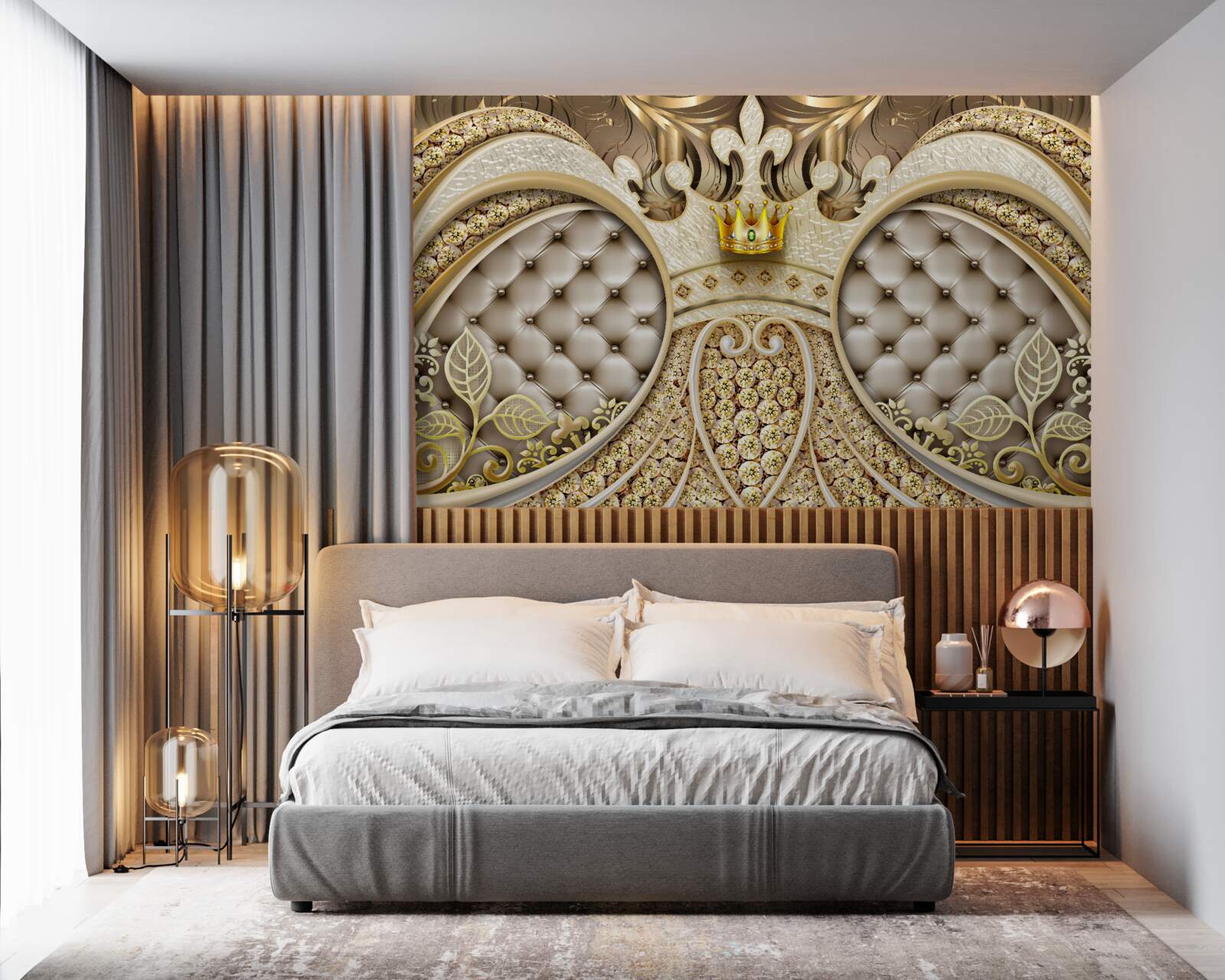 Papier peint ornements en feuilles de plantes en or