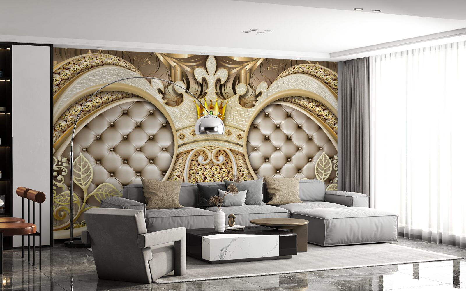 Papier peint ornements en feuilles de plantes en or