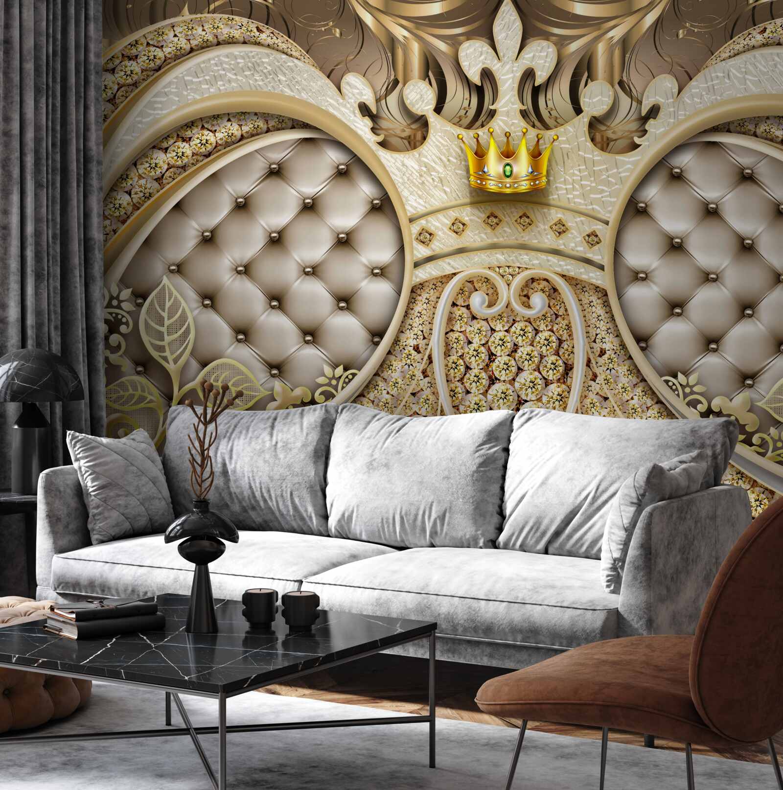 Papier peint ornements en feuilles de plantes en or