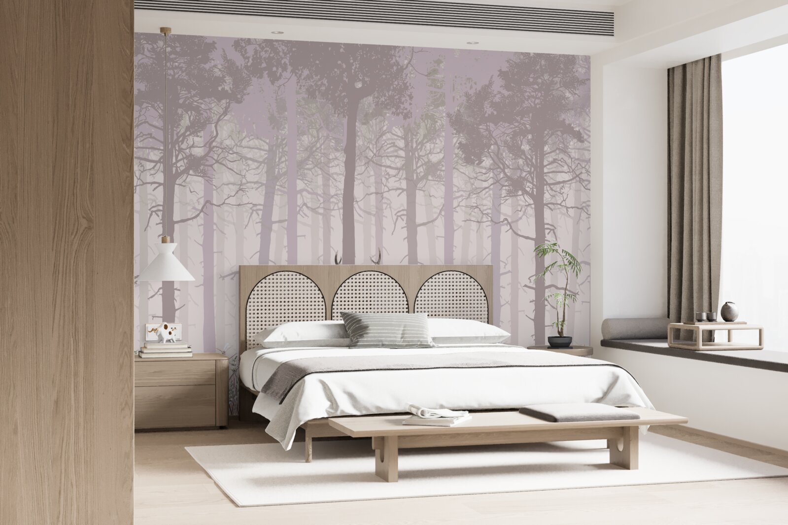 Papier peint groupe de cerfs dans une forêt de pins brumeuse