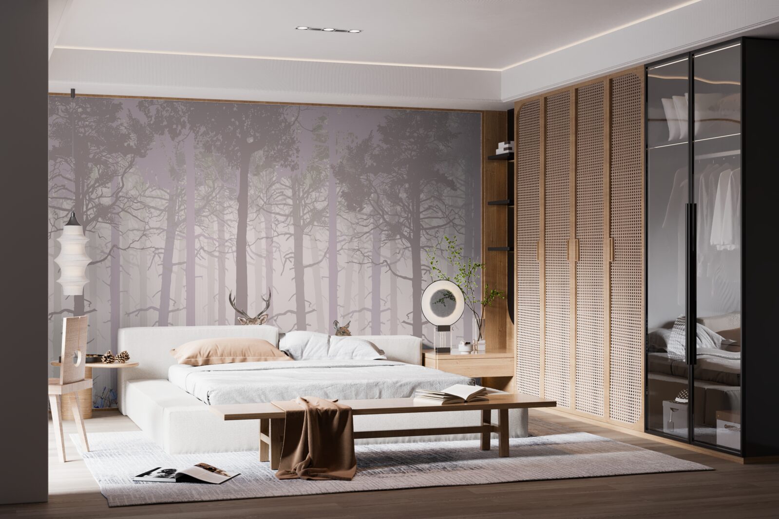 Papier peint groupe de cerfs dans une forêt de pins brumeuse