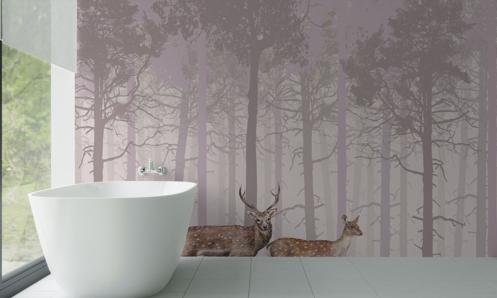 Papier peint groupe de cerfs dans une forêt de pins brumeuse