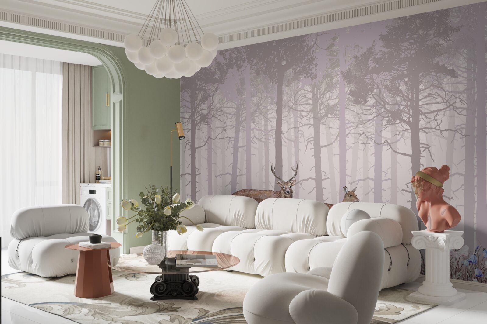 Papier peint groupe de cerfs dans une forêt de pins brumeuse