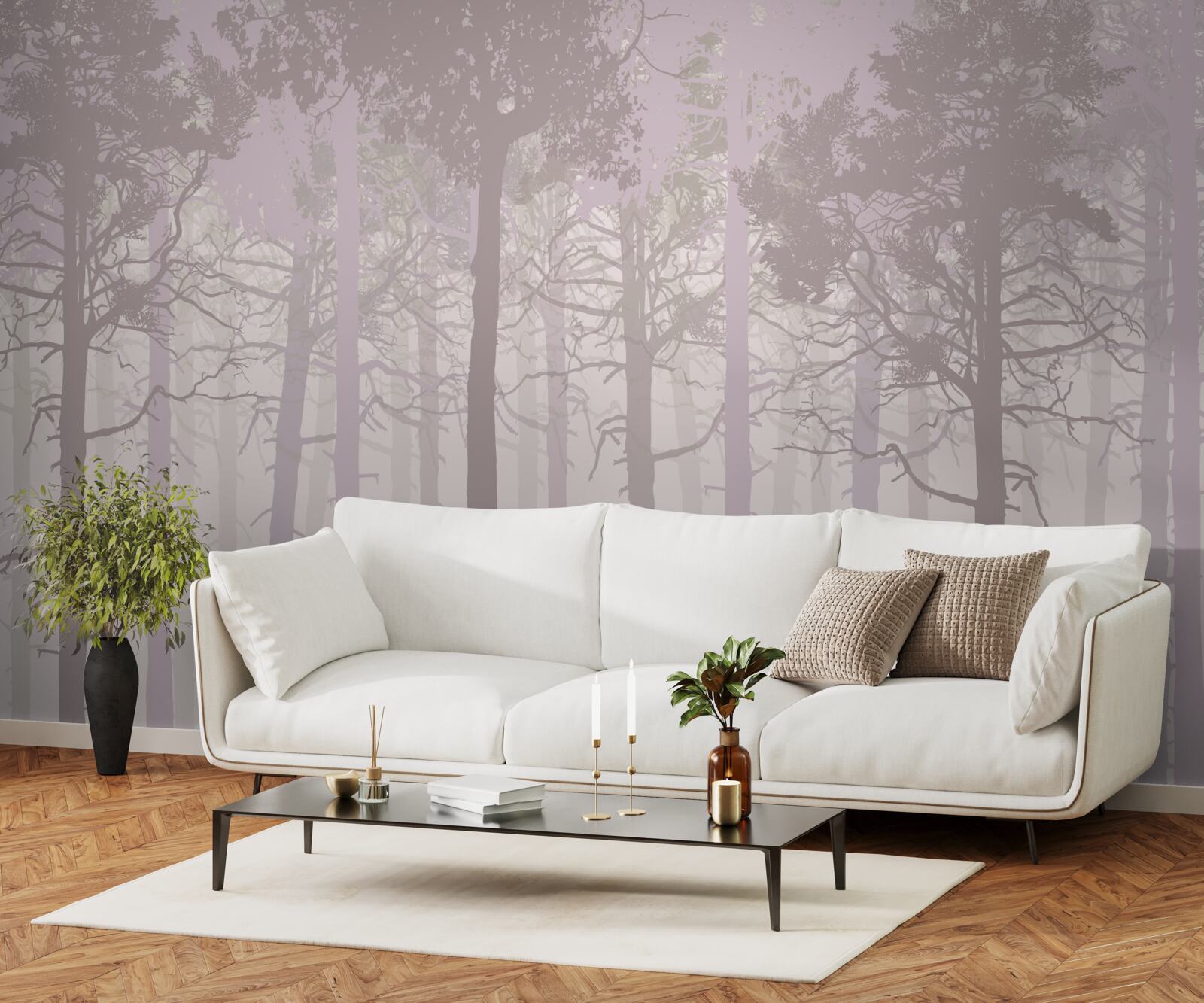 Papier peint groupe de cerfs dans une forêt de pins brumeuse