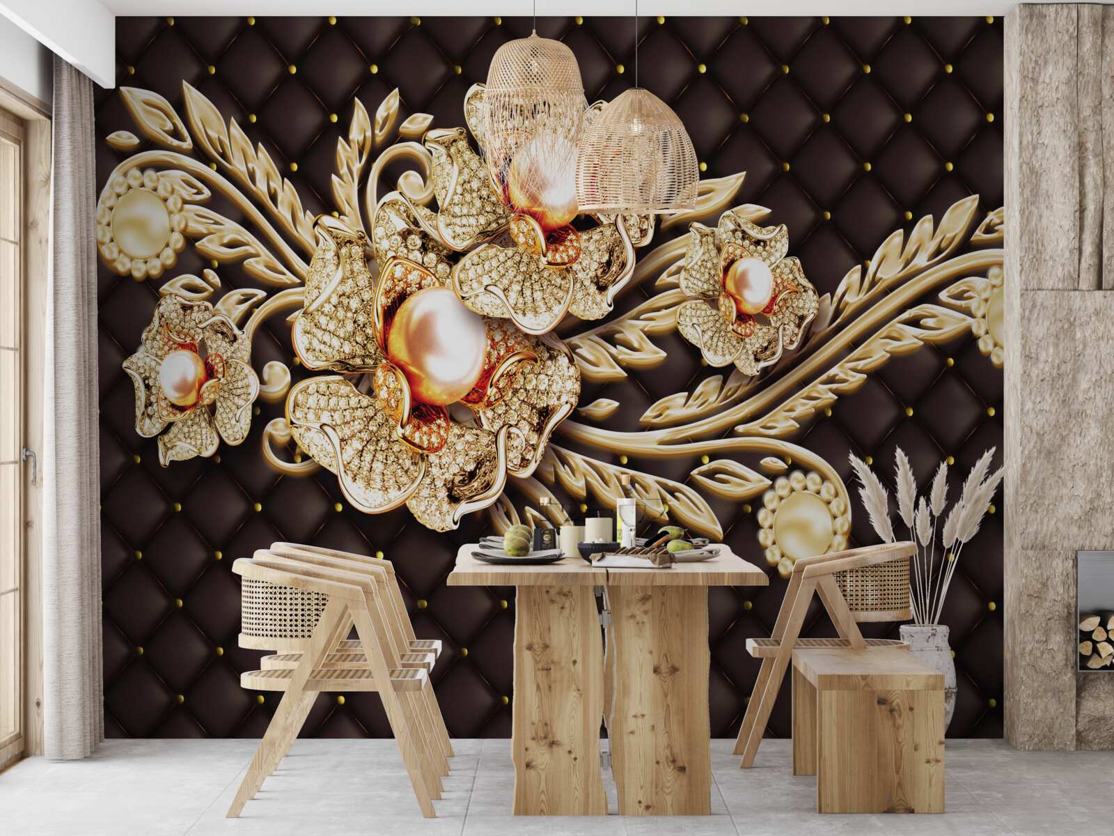 Papier peint fleurs en or ornées de pierres précieuses