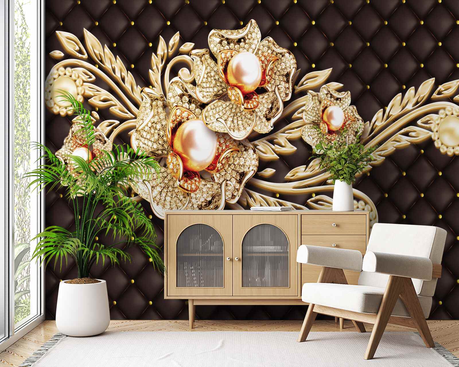 Papier peint fleurs en or ornées de pierres précieuses