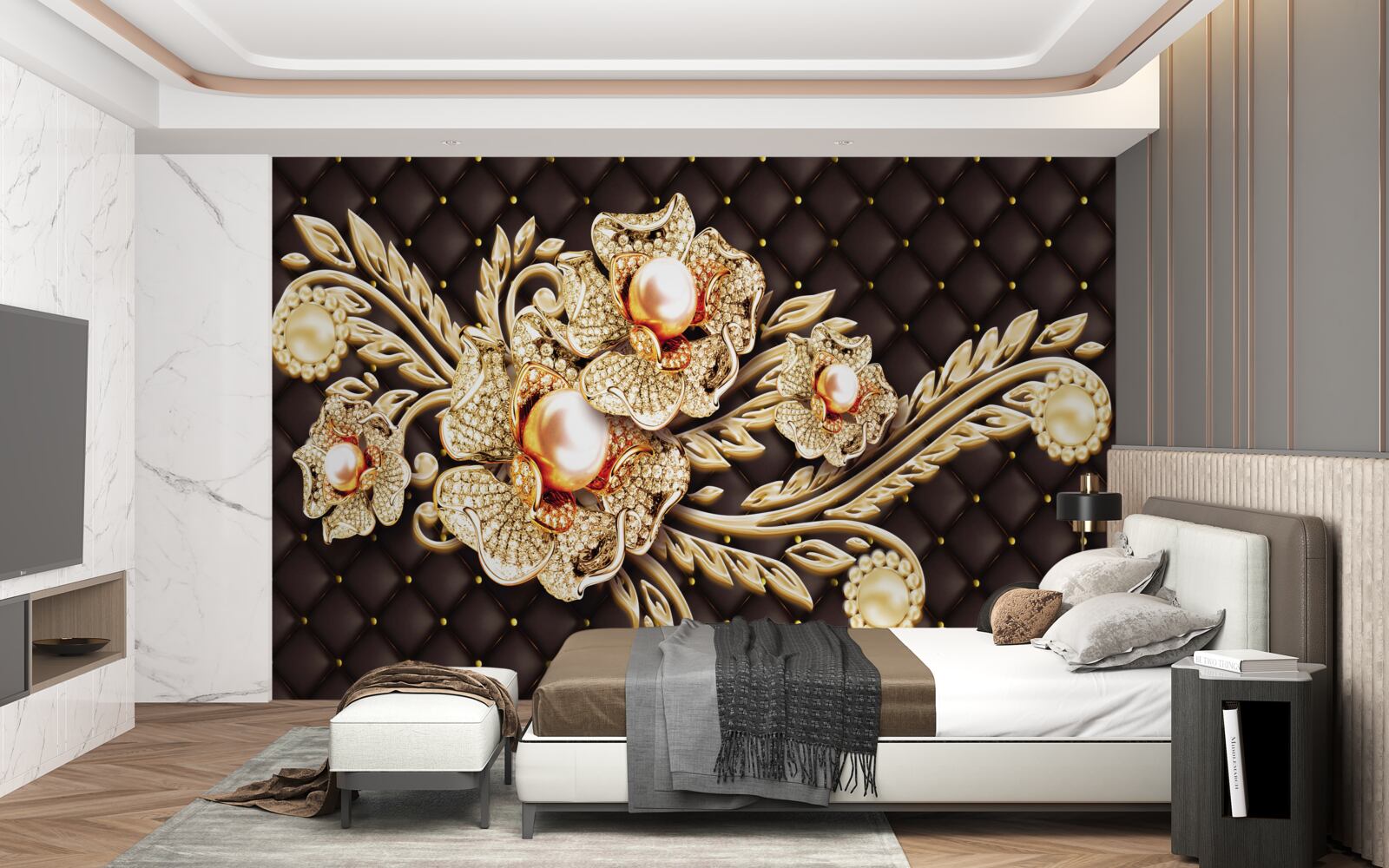 Papier peint fleurs en or ornées de pierres précieuses