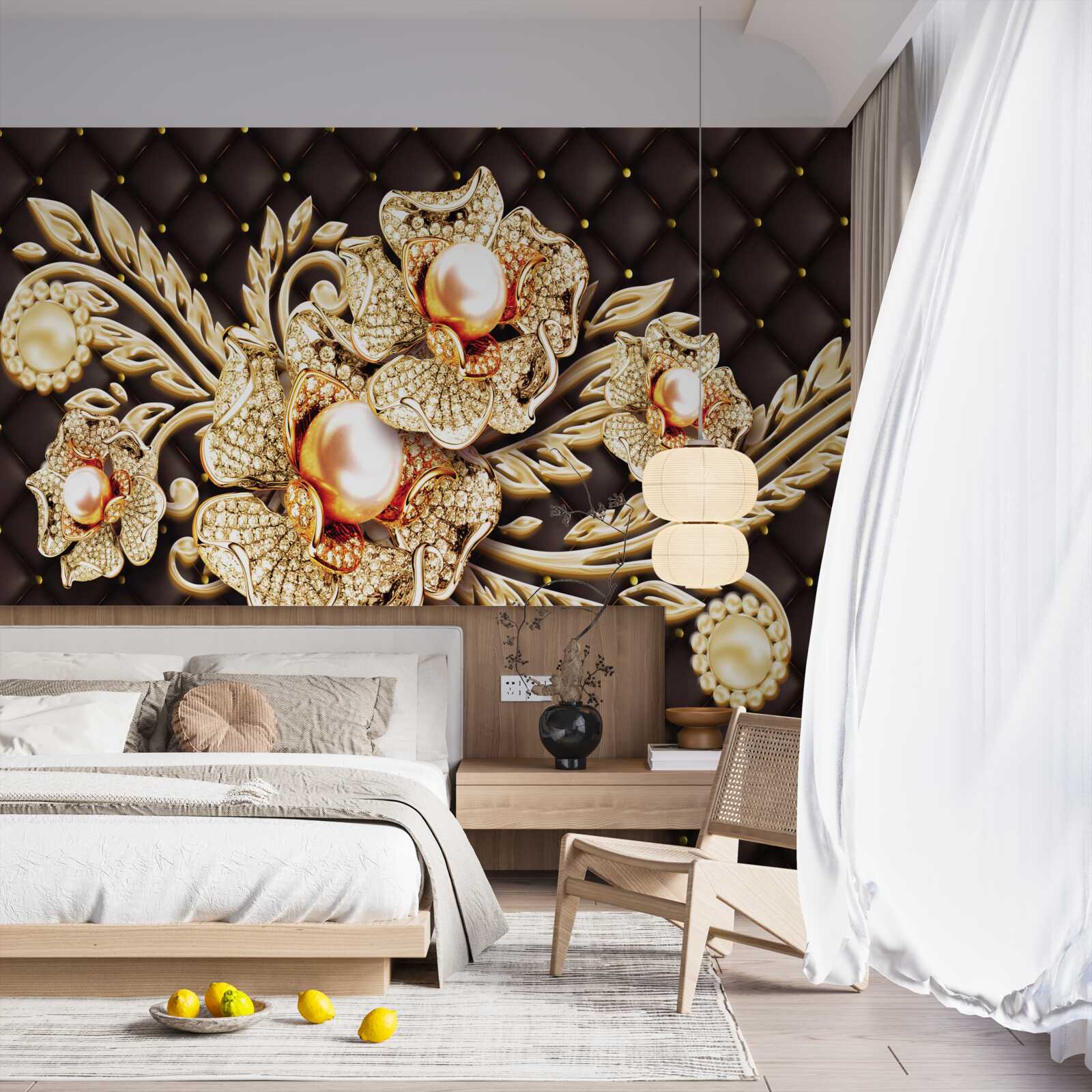 Papier peint fleurs en or ornées de pierres précieuses