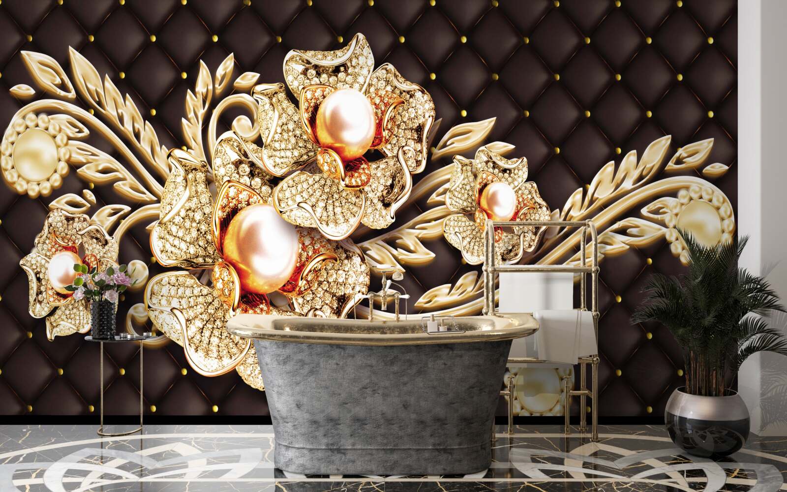 Papier peint fleurs en or ornées de pierres précieuses