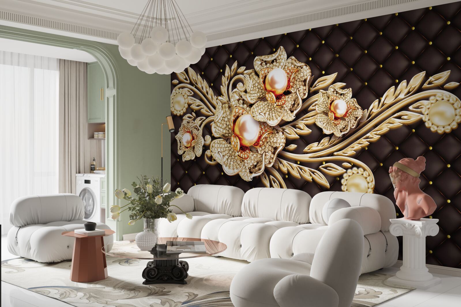 Papier peint fleurs en or ornées de pierres précieuses