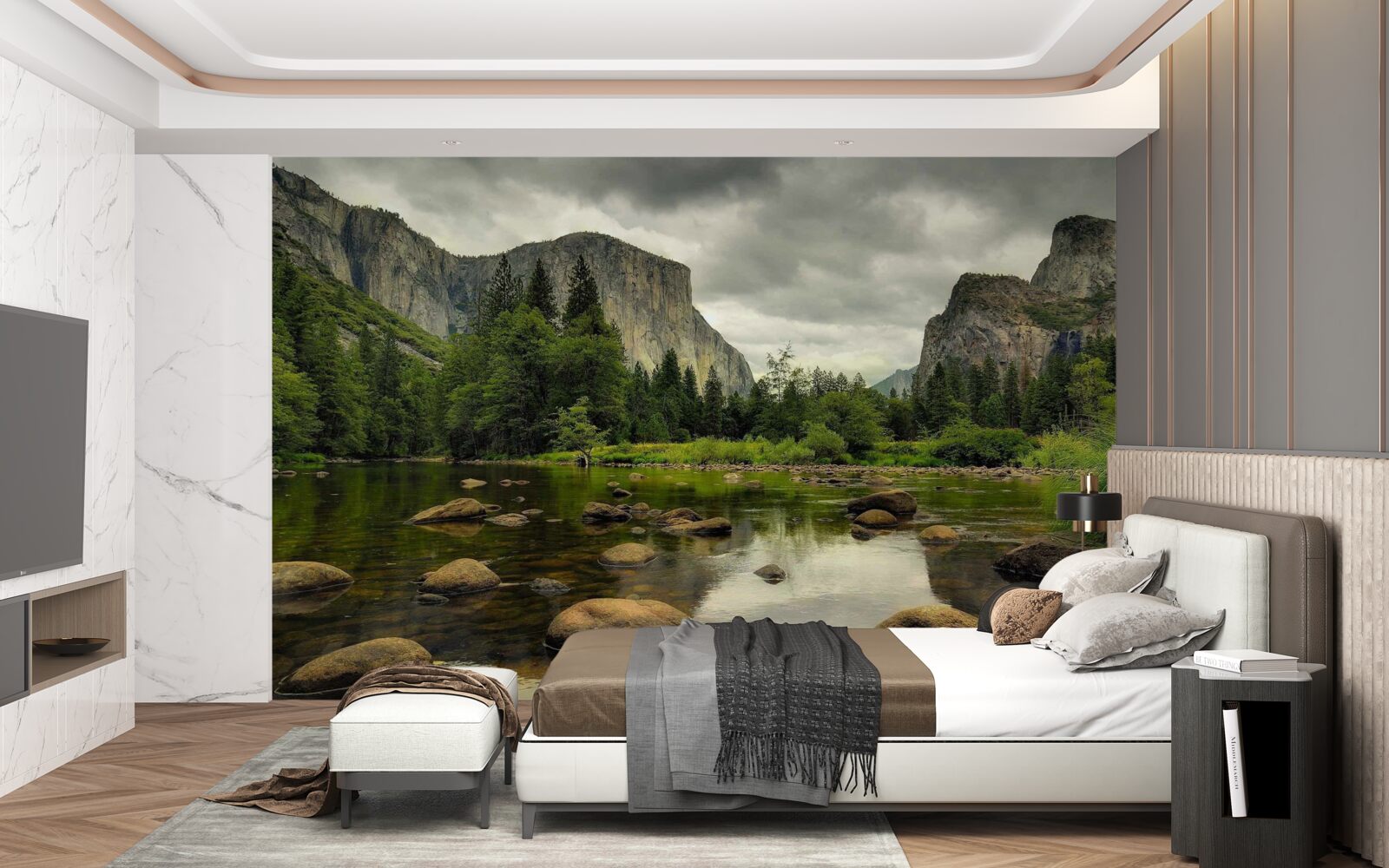 Papier peint journée nuageuse au bord d'une rivière en montagne