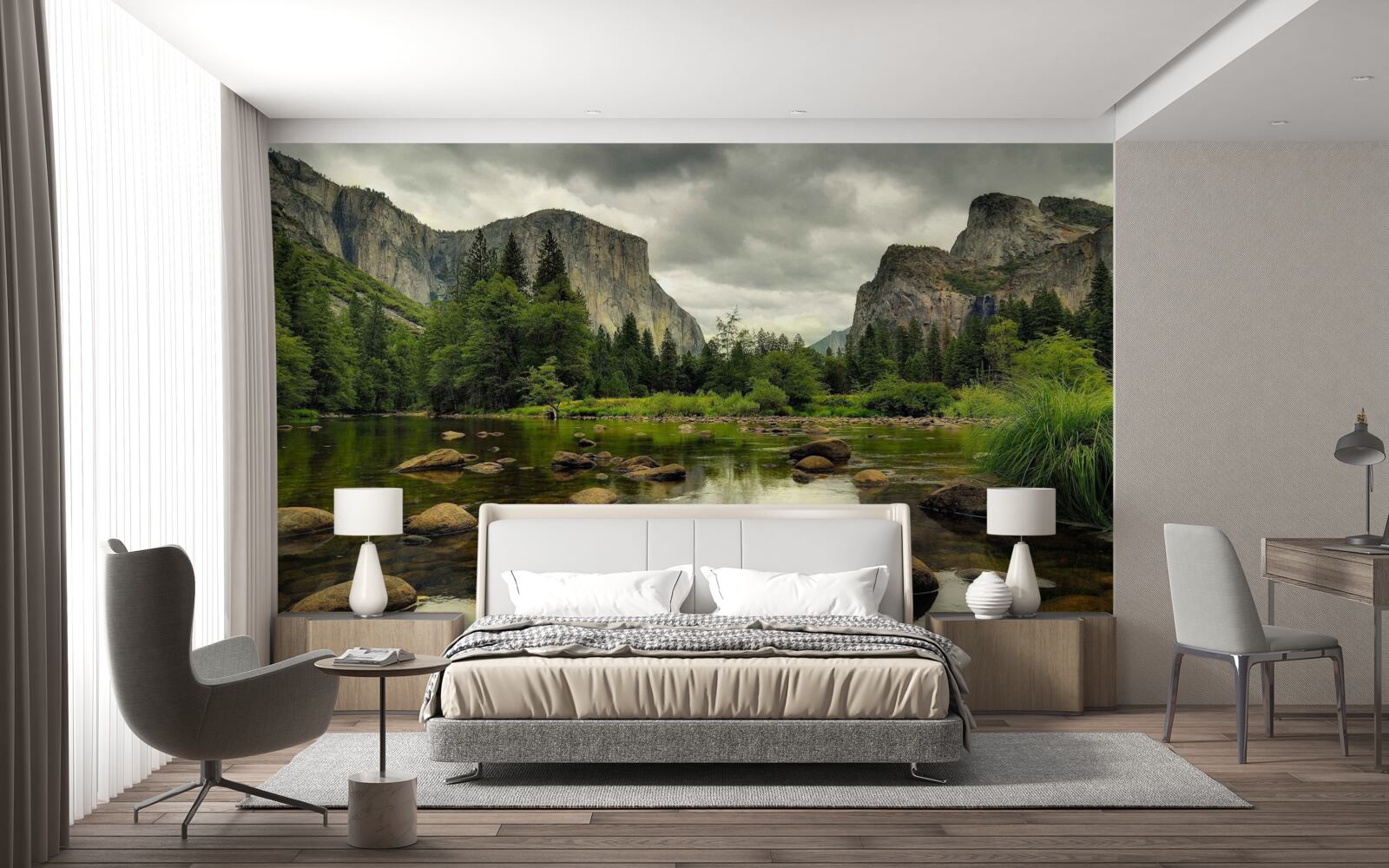 Papier peint journée nuageuse au bord d'une rivière en montagne