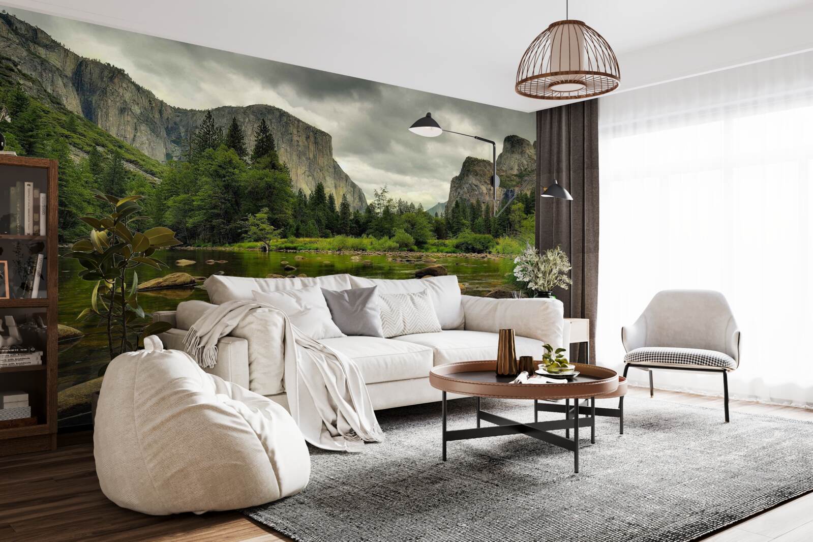 Papier peint journée nuageuse au bord d'une rivière en montagne