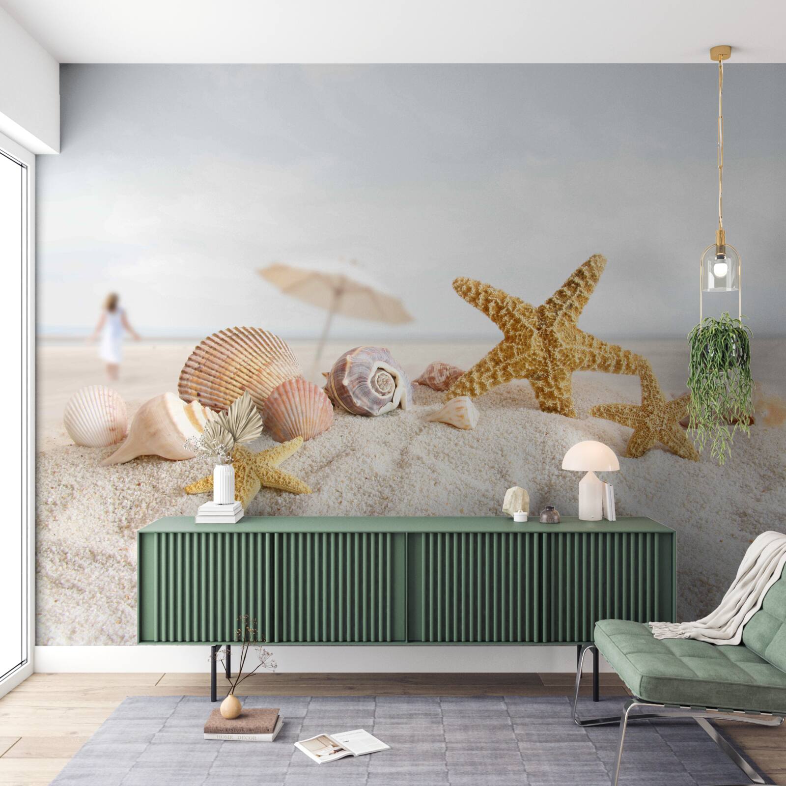 Papier peint des étoiles de mer et des coquillages reposent sur le sable