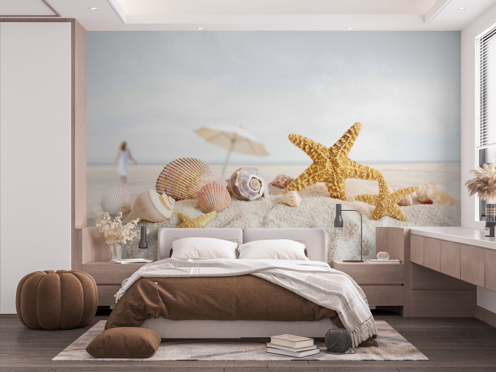 Papier peint des étoiles de mer et des coquillages reposent sur le sable