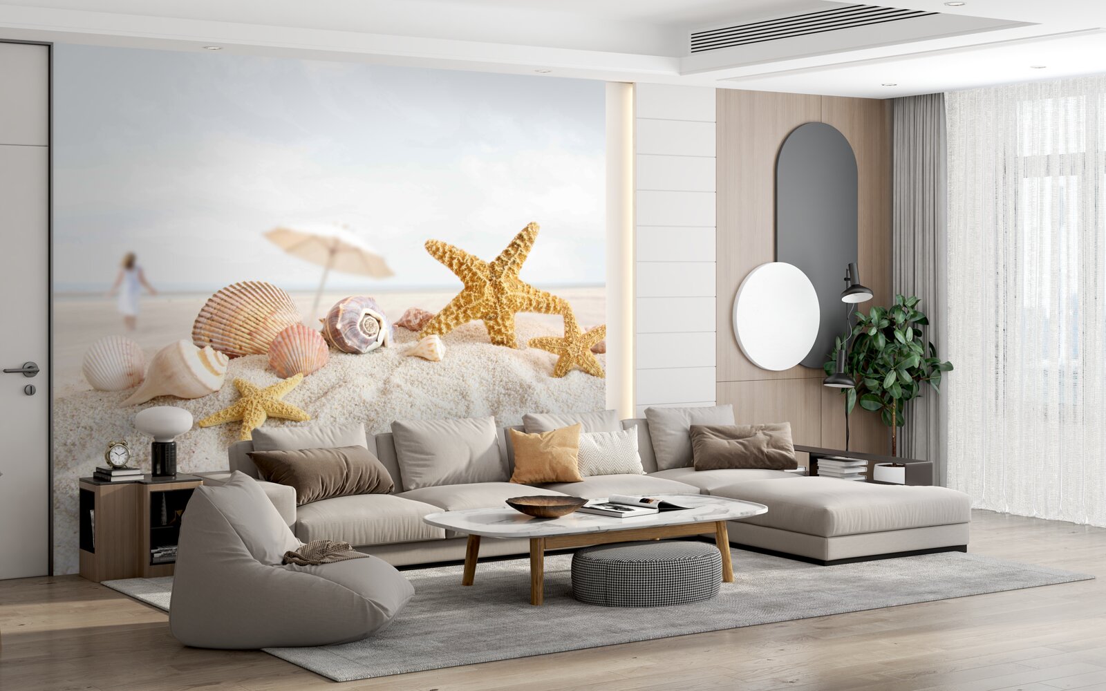 Papier peint des étoiles de mer et des coquillages reposent sur le sable