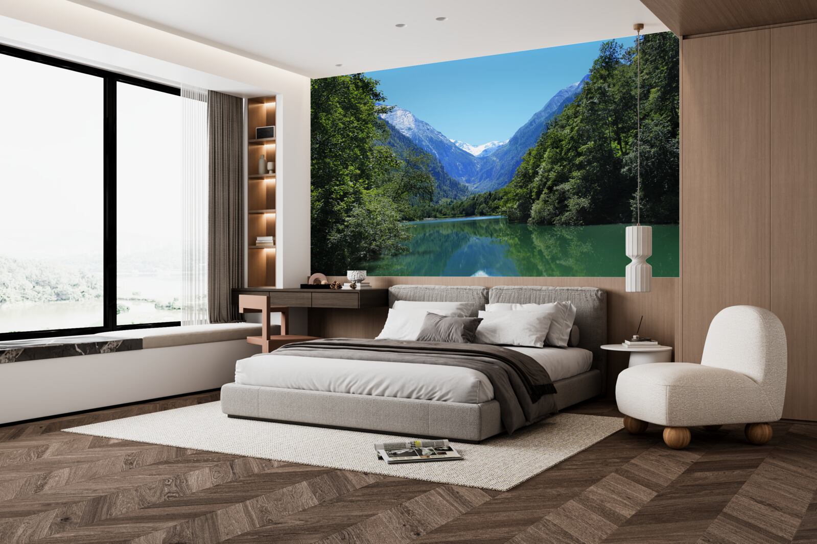 Papier peint un réservoir tranquille caché dans la forêt dense sur les pentes des montagnes