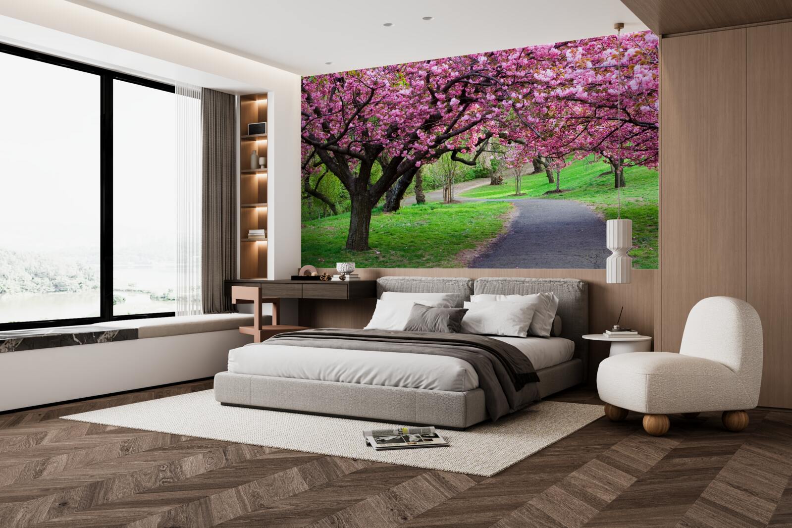 Papier peint une allée du parc parsemée de fleurs